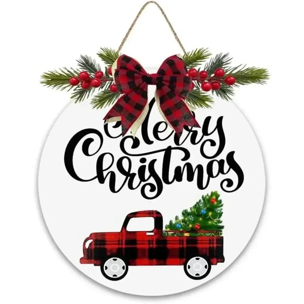 NEW Red Truck Christmas Wreath Sign with Buffalo Plaid Bow Holiday Decoration